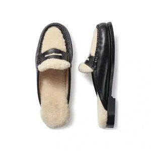 GH Bass Weejuns Womens Wynn Shearling Lined Mules Black White Shoes 11M New